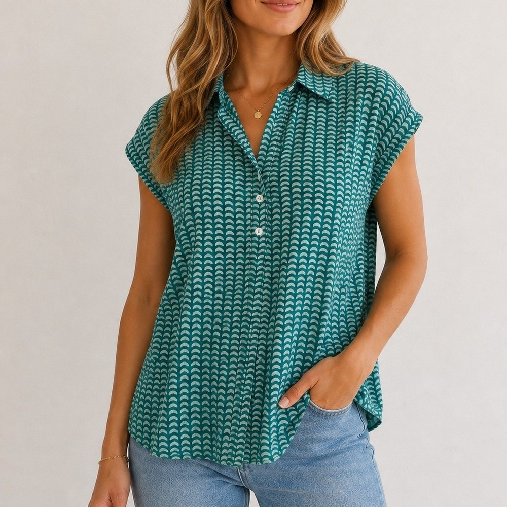 Marea by Liz Joy Geometric Cotton Blouse Preppy Quiet Luxury Summer Beachy Boho
